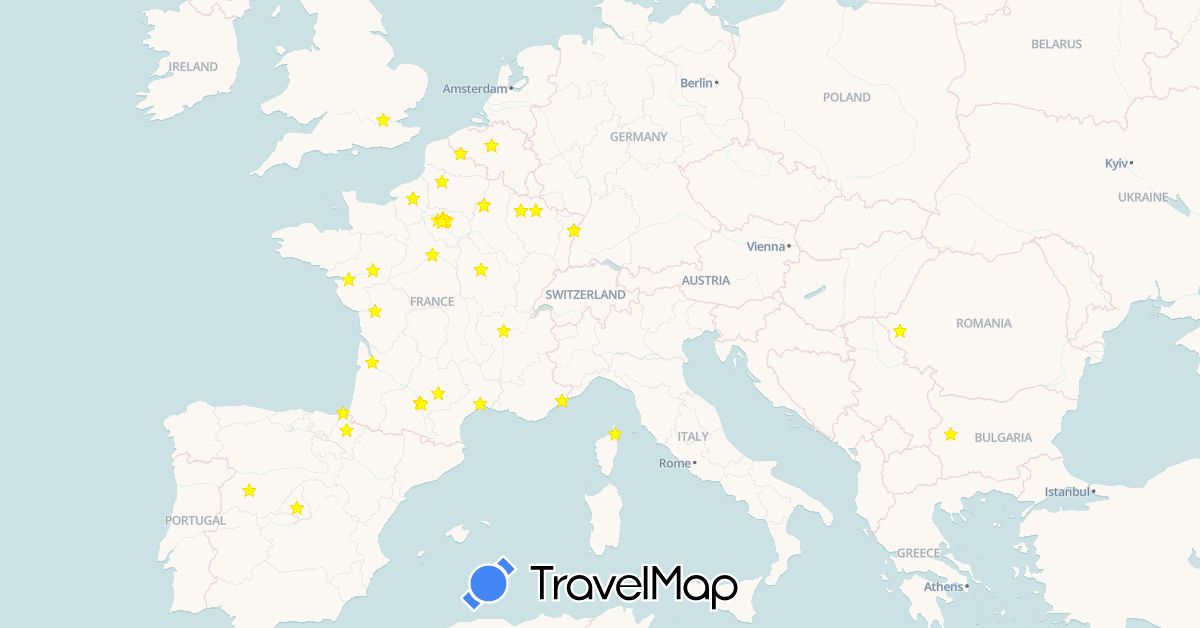 TravelMap itinerary: driving, hiking, electric vehicle, test in Belgium, Bulgaria, Spain, France, United Kingdom, Romania (Europe)